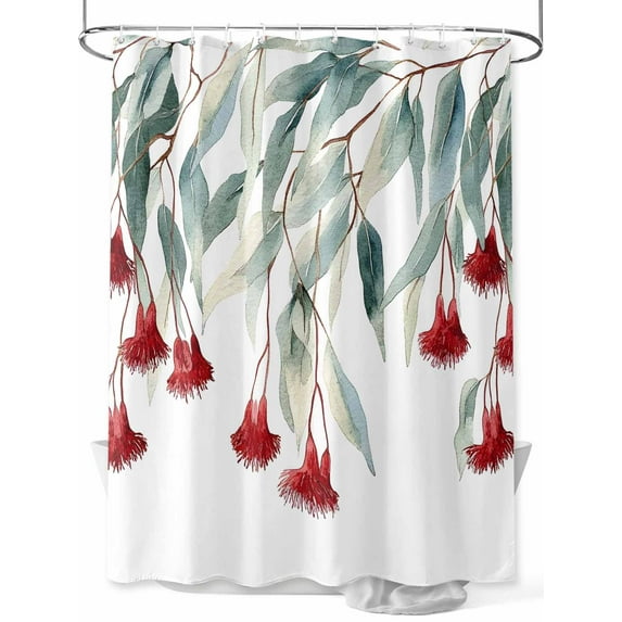 Fsddascl Red Floral Leaves Shower Curtain Set - 66" x 72" Washable Bathtub Curtain with 12 Hooks, Pastoral Rustic Botanical Flowers Waterproof Fabric Stall Shower Curtains for Bathroom/Bathtub