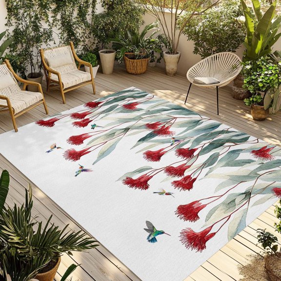 Fsddascl Red Flowers Leaves Outdoor Rug for Patio/Deck/Porch, Non-Slip Large Area Rug 4 x 6 Ft, Spring Pastoral Birds Botanical Indoor Outdoor Rugs Washable Area Rugs, Reversible Camping Rug Carpet