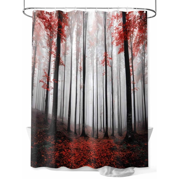 Fsddascl Red Forest Shower Curtain Set - 72" x 78" Washable Bathtub Curtain with 12 Hooks, Vintage Foggy Woods Tree Mysterious Waterproof Fabric Stall Shower Curtains for Bathroom/Bathtub Décor