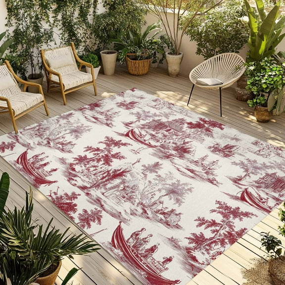 Fsddascl Red Garden Vintage Outdoor Rug for Patio/Deck/Porch, Non-Slip Large Area Rug 6 x 9 Ft, Modern Art Building Boat Tree Indoor Outdoor Rugs Washable Area Rugs, Reversible Camping Rug Carpet