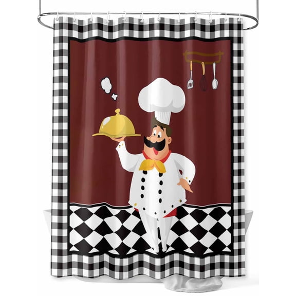 Fsddascl Red Kitchen Chef Shower Curtain Set - Standard 72" x 72" Washable Bathtub Curtain with 12 Hooks, Black Plaid Gourmet Food Vintage Waterproof Fabric Stall Shower Curtains for Bathroom/Bathtub