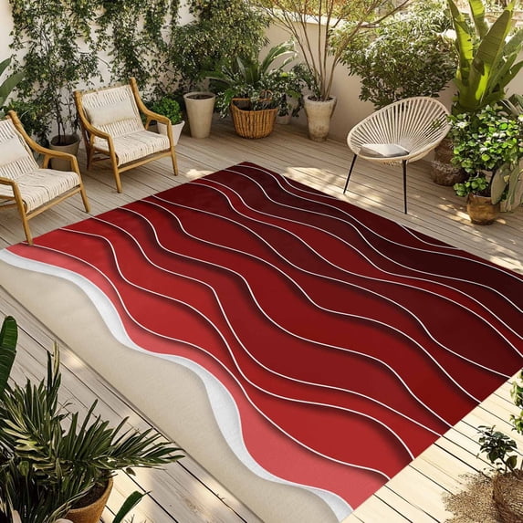 Fsddascl Red Ocean Waves Outdoor Rug for Patio/Deck/Porch, Non-Slip Large Area Rug 6 x 9 Ft, Coastal Abstract Stripes Ombre Art Indoor Outdoor Rugs Washable Area Rugs, Reversible Camping Rug Carpet