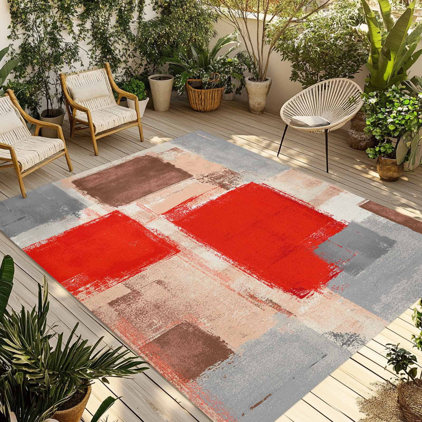 Fsddascl Red Ombre Outdoor Rug for Patio/Deck/Porch, Non-Slip Large Area Rug 5 x 8 Ft, Farmhouse Contemporary Abstract Checked Indoor Outdoor Rugs Washable Area Rugs, Reversible Camping Rug Carpet