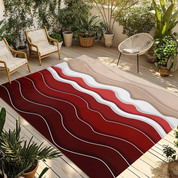 Fsddascl Red Ombre Stripe Outdoor Rug for Patio/Deck/Porch, Non-Slip Large Area Rug 6 x 9 Ft, Abstract Summer Beach Coastal Indoor Outdoor Rugs Washable Area Rugs, Reversible Camping Rug Carpet