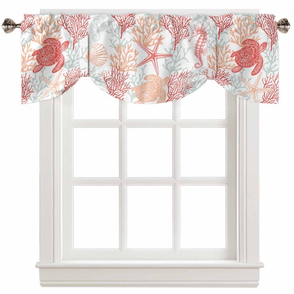 Fsddascl Red Orange Coastal Tie Up Valance Curtains for Windows, Kitchen Curtains Window Treatments, Sea Turtle Nautical Coral Summer Beach Short Window Shades Valances for Bedroom Bathroom 60"x18"