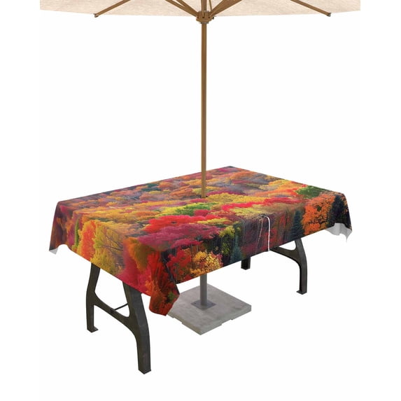 Fsddascl Red Orange Green Forest Outdoor Tablecloth - 60x84 Inch Rectangle Dining Table Cover, Fall Botanical Tree Maple Leaf Waterproof Outdoor Table Cloth with Umbrella Hole & Zipper for Patio