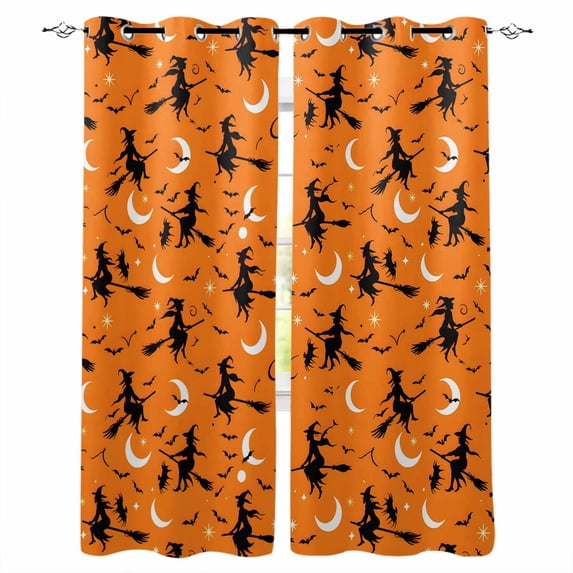 Fsddascl Red Orange Halloween Blackout Curtains for Bedroom/Living Room, Thermal Insulated Kitchen Curtains, Flying Witch Bats Moon Grommet Darkening Window Treatment Drapes 52"x84"x2