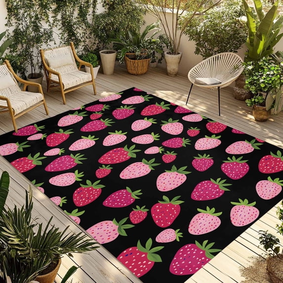 Fsddascl Red Pink Strawberry Outdoor Rug for Patio/Deck/Porch, Non-Slip Large Area Rug 4 x 6 Ft, Black Lovely Summer Spring Fruit Indoor Outdoor Rugs Washable Area Rugs, Camping Rug Carpet