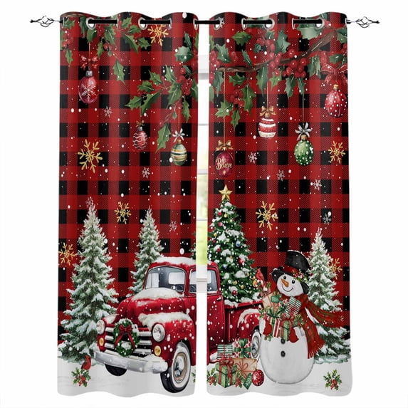Fsddascl Red Plaid Christmas Blackout Curtains for Bedroom/Living Room, Thermal Insulated Kitchen Curtains, Xmas Snowman Truck Snowflake Tree Balls Grommet Darkening Window Treatment 27.5"x39"x2