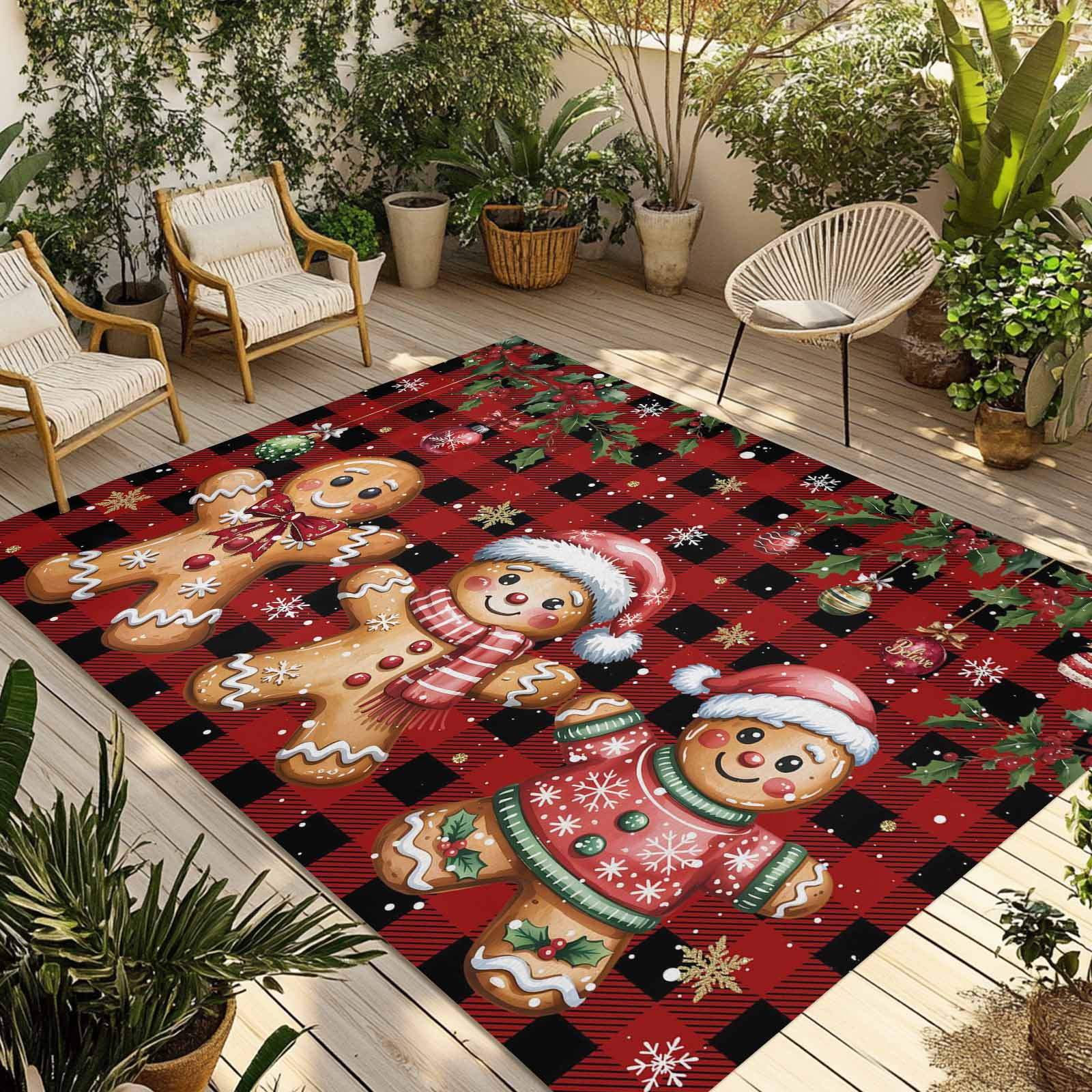 Fsddascl Red Plaid Christmas Gingerbread Outdoor Rug for Patio/Deck/Porch, Non-Slip Large Area Rug 5 x 8 Ft, Xmas Balls Snowflake Indoor Outdoor Rugs Washable Area Rugs, Camping Rug Carpet Runner