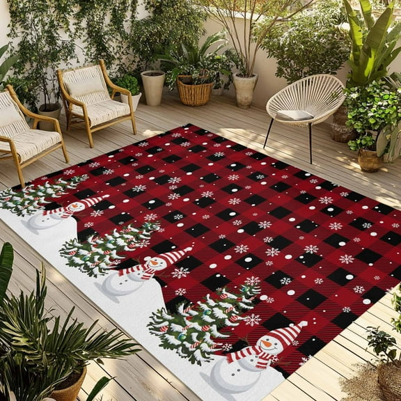 Fsddascl Red Plaid Christmas Outdoor Rug for Patio/Deck, Non-Slip Large Area Rug 6 x 9 Ft, Snowflake Snowman Xmas Tree Rustic Checkered Indoor Outdoor Rugs Washable Area Rugs, Camping Rug Carpet