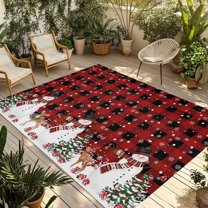 Fsddascl Red Plaid Christmas Outdoor Rug for Patio/Deck/Porch, Non-Slip Large Area Rug 6 x 9 Ft, Snowman Snowflake Xmas Tree Ball Elk Indoor Outdoor Rugs Washable Area Rugs, Camping Rug Carpet Runner