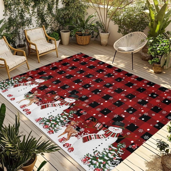 Fsddascl Red Plaid Christmas Outdoor Rug for Patio/Deck/Porch, Non-Slip Large Area Rug 6 x 9 Ft, Snowman Snowflake Xmas Tree Ball Elk Indoor Outdoor Rugs Washable Area Rugs, Camping Rug Carpet Runner