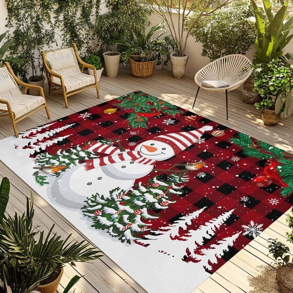 Fsddascl Red Plaid Snowman Christmas Outdoor Rug for Patio/Deck/Porch, Non-Slip Large Area Rug 6 x 9 Ft, Xmas Tree Snowflake Balls Indoor Outdoor Rugs Washable Area Rugs, Camping Rug Carpet Runner