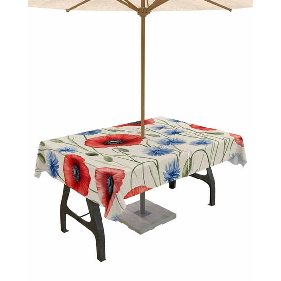 Fsddascl Red Poppy Flower Outdoor Tablecloth - 54x80 Inch Rectangle Dining Table Cover, Blue Daisy Floral Patriotic 4th of July Waterproof Outdoor Table Cloth with Umbrella Hole & Zipper for Patio