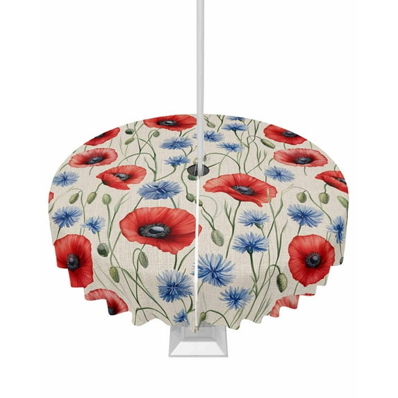 Fsddascl Red Poppy Flower Outdoor Tablecloth - 60 Inch Round Dining Table Cover, Blue Daisy Floral Patriotic 4th of July Waterproof Outdoor Table Cloth with Umbrella Hole & Zipper for Picnic/Patio