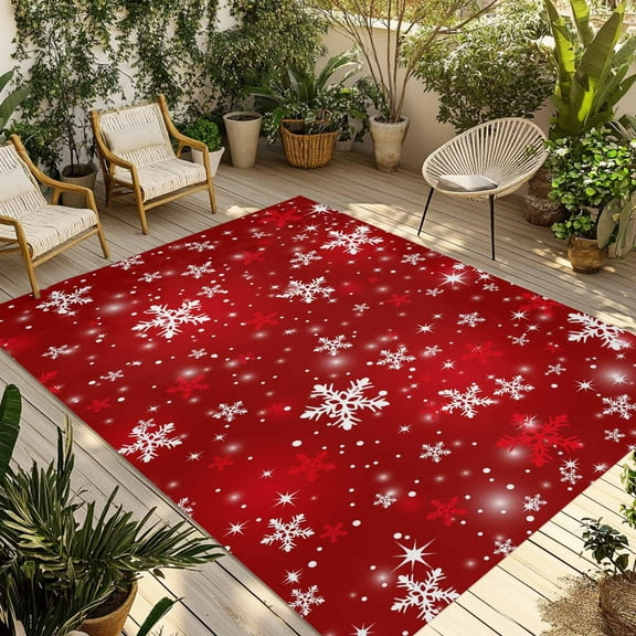 Fsddascl Red Snowflake Christmas Outdoor Rug for Patio/Deck/Porch, Non-Slip Large Area Rug 6 x 9 Ft, Winter Xmas Snowflake Indoor Outdoor Rugs Washable Area Rugs, Reversible Camping Rug Carpet Runner