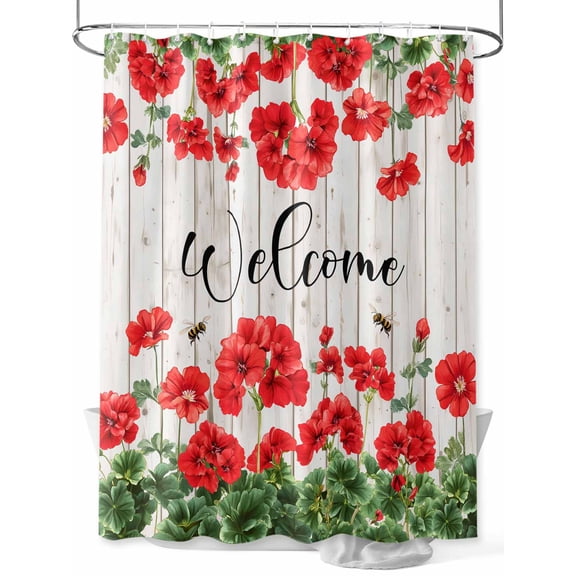 Fsddascl Red Spring Floral Shower Curtain Set - 72" x 78" Washable Bathtub Curtain with 12 Hooks, Welcome Green Botanical Vintage Waterproof Fabric Stall Shower Curtains for Bathroom/Bathtub Décor