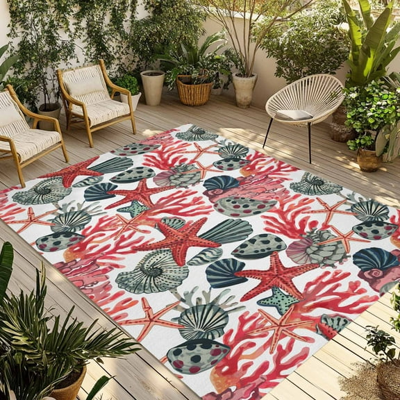 Fsddascl Red Starfish Coral Outdoor Rug for Patio/Deck/Porch, Non-Slip Large Area Rug 5 x 8 Ft, Retro Shell Summer Coastal Abstract Indoor Outdoor Rugs Washable Area Rugs, Camping Rug Carpet