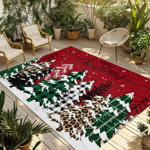 Fsddascl Red Tree Christmas Outdoor Rug for Patio/Deck/Porch, Non-Slip Large Area Rug 6 x 9 Ft, Xmas Tree Snowflake Plaid Indoor Outdoor Rugs Washable Area Rugs, Reversible Camping Rug Carpet Runner