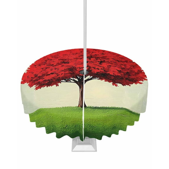 Fsddascl Red Tree Outdoor Tablecloth - 60 Inch Round Dining Table Cover, Green Grass Gradient Sky Watercolor Waterproof Outdoor Table Cloth with Umbrella Hole & Zipper for Picnic/Patio/Party