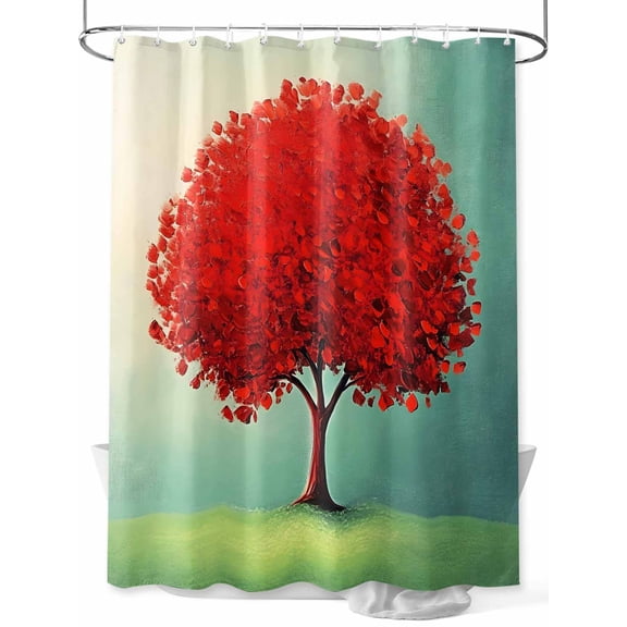 Fsddascl Red Tree Shower Curtain Set - 36" x 78" Washable Bathtub Curtain with 12 Hooks, Green Grass Gradient Blue Sky Landscape Waterproof Fabric Stall Shower Curtains for Bathroom/Bathtub Décor