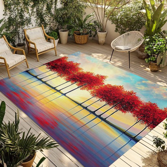 Fsddascl Red Trees Outdoor Rug for Patio/Deck/Porch, Non-Slip Large Area Rug 4 x 6 Ft, Orange Blue Sunrise Reflection Retro Art Indoor Outdoor Rugs Washable Area Rugs, Reversible Camping Rug Carpet