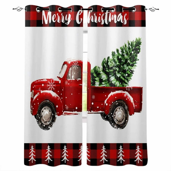 Fsddascl Red Truck Christmas Blackout Curtains for Bedroom/Living Room, Thermal Insulated Kitchen Curtains, Plaid Xmas Tree Snowflake Grommet Darkening Window Treatment Drapes 52"x72"x2