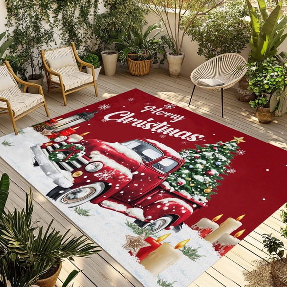 Fsddascl Red Truck Christmas Outdoor Rug for Patio/Deck/Porch, Non-Slip Large Area Rug 6 x 9 Ft, Xmas Tree Snowflake Gifts Winter Indoor Outdoor Rugs Washable Area Rugs, Camping Rug Carpet Runner