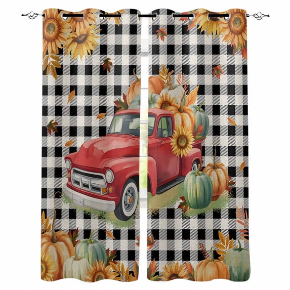 Fsddascl Red Truck Fall Blackout Curtains for Bedroom/Living Room, Thermal Insulated Kitchen Curtains, Thanksgiving Sunflower Pumpkins Black White Plaid Grommet Darkening Window Treatment 52"x84"x2