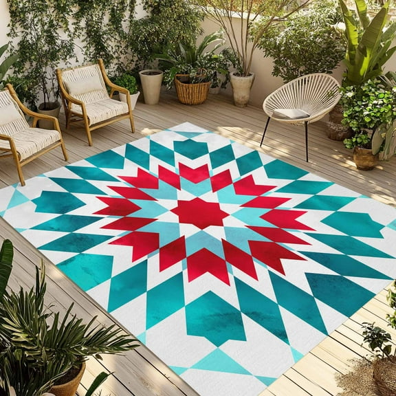 Fsddascl Red Turquoise Boho Outdoor Rug for Patio/Deck/Porch, Non-Slip Large Area Rug 4 x 6 Ft, Ethnic Tribal Aztec Abstract Geometric Indoor Outdoor Rugs Washable Area Rugs, Camping Rug Carpet