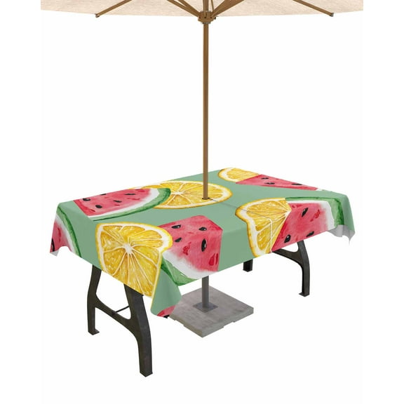 Fsddascl Red Watermelon Outdoor Tablecloth - 52x70 Inch Rectangle Dining Table Cover, Lemon Summer Fruit Country Pastoral Waterproof Outdoor Table Cloth with Umbrella Hole & Zipper for Picnic/Patio