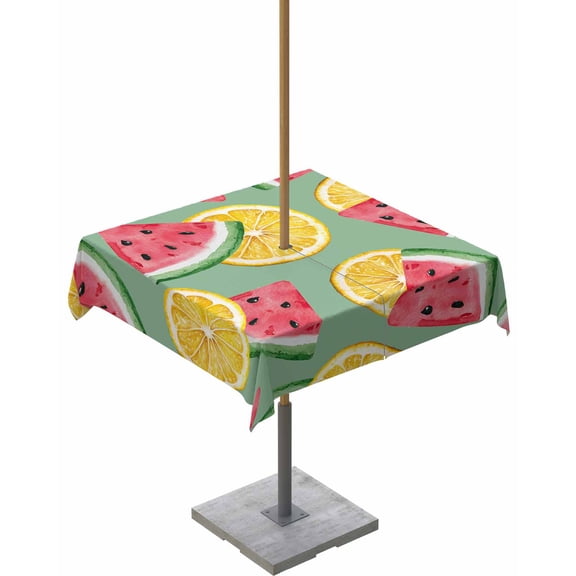 Fsddascl Red Watermelon Outdoor Tablecloth - 54x54 Inch Square Dining Table Cover, Lemon Summer Fruit Country Pastoral Waterproof Outdoor Table Cloth with Umbrella Hole & Zipper for Picnic/Patio