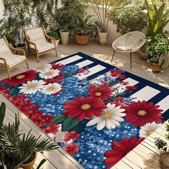 Fsddascl Red White Floral Outdoor Rug for Patio/Deck/Porch, Non-Slip Large Area Rug 6 x 9 Ft, Blue Botanical Black Striped Spring Indoor Outdoor Rugs Washable Area Rugs, Camping Rug Carpet