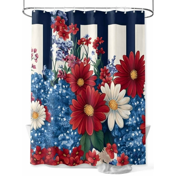 Fsddascl Red White Floral Shower Curtain Set - 48" x 72" Washable Bathtub Curtain with 12 Hooks, Blue Botanical Black Striped Spring Waterproof Fabric Stall Shower Curtains for Bathroom/Bathtub