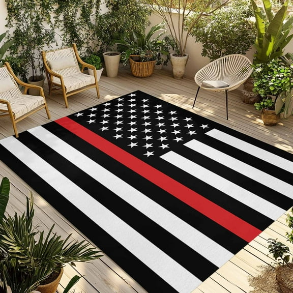 Fsddascl Red White Stripe Fireman American Flag Outdoor Rug for Patio/Deck, Non-Slip Large Area Rug 6 x 9 Ft, Fire Fighter USA Flags Indoor Outdoor Rugs Washable Area Rugs, Camping Rug Carpet