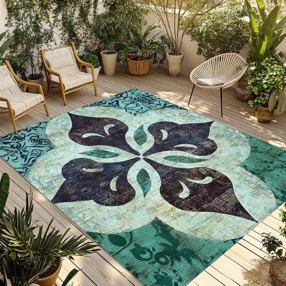 Fsddascl Retro Abstract Art Outdoor Rug for Patio/Deck/Porch, Non-Slip Large Area Rug 4 x 6 Ft, Geometric Western Vintage Indoor Outdoor Rugs Washable Area Rugs, Reversible Camping Rug Carpet Runner