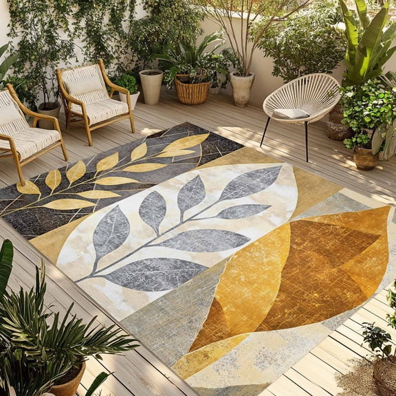 Fsddascl Retro Abstract Leaves Outdoor Rug for Patio/Deck/Porch, Non-Slip Large Area Rug 5 x 8 Ft, Vintage Summer Botanical Art Indoor Outdoor Rugs Washable Area Rugs, Reversible Camping Rug Carpet
