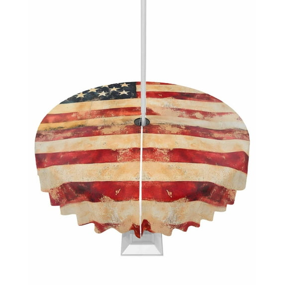 Fsddascl Retro American Flag Outdoor Tablecloth - 60 Inch Round Dining Table Cover, Vintage Red Strip Star US Flag Waterproof Outdoor Table Cloth with Umbrella Hole & Zipper for Picnic/Patio/Party