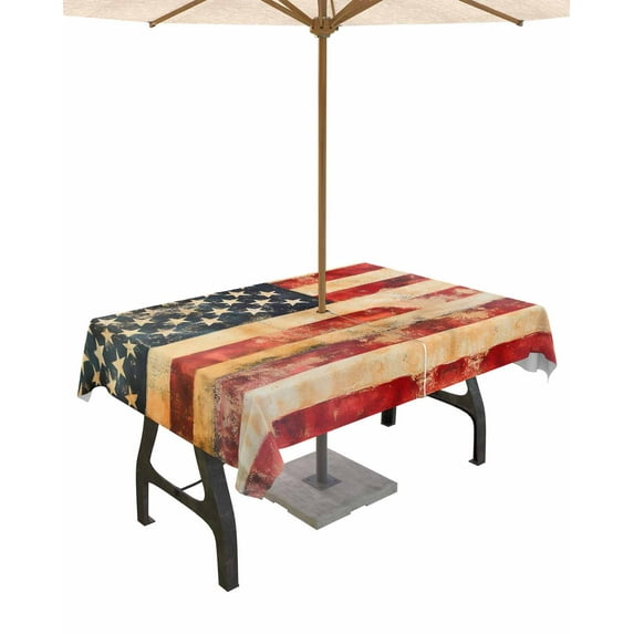 Fsddascl Retro American Flag Outdoor Tablecloth - 60x120 Inch Rectangle Dining Table Cover, Vintage Red Strip Star US Flag Waterproof Outdoor Table Cloth with Umbrella Hole & Zipper for Picnic/Patio