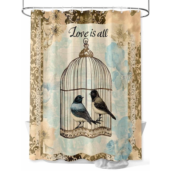 Fsddascl Retro Birds Cage Shower Curtain Set - Small 36" x 72" Washable Bathtub Curtain with 12 Hooks, Watercolor Floral Pattern Waterproof Fabric Stall Shower Curtains for Bathroom/Bathtub Décor