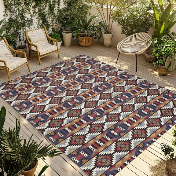 Fsddascl Retro Boho Aztec Outdoor Rug for Patio/Deck/Porch, Non-Slip Large Area Rug 5 x 8 Ft, Ethnic Abstract Southwest Geometric Indoor Outdoor Rugs Washable Area Rugs, Camping Rug Carpet