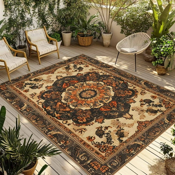 Fsddascl Retro Boho Flower Outdoor Rug for Patio/Deck/Porch, Non-Slip Large Area Rug 4 x 6 Ft, Orange Multi Traditional Oriental Indoor Outdoor Rugs Washable Area Rugs, Reversible Camping Rug Carpet