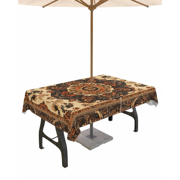 Fsddascl Retro Boho Flower Outdoor Tablecloth - 60x102 Inch Rectangle Dining Table Cover, Orange Multi Traditional Oriental Waterproof Outdoor Table Cloth with Umbrella Hole & Zipper for Patio