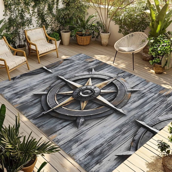 Fsddascl Retro Coastal Outdoor Rug for Patio/Deck/Porch, Non-Slip Large Area Rug 4 x 6 Ft, Compass Nautical Ocean Summer Beach Indoor Outdoor Rugs Washable Area Rugs, Reversible Camping Rug Carpet