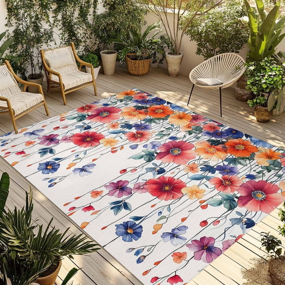 Fsddascl Retro Flowers Outdoor Rug for Patio/Deck/Porch, Non-Slip Large Area Rug 4 x 6 Ft, Boho Modern Watercolor Floral Botanical Indoor Outdoor Rugs Washable Area Rugs, Camping Rug Carpet