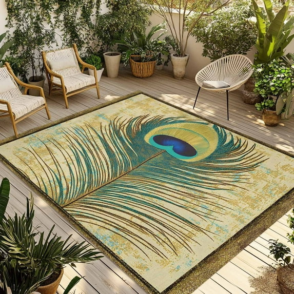 Fsddascl Retro Peacock Feathers Outdoor Rug for Patio/Deck/Porch, Non-Slip Large Area Rug 5 x 8 Ft, Vintage Abstract Art Indoor Outdoor Rugs Washable Area Rugs, Reversible Camping Rug Carpet Runner