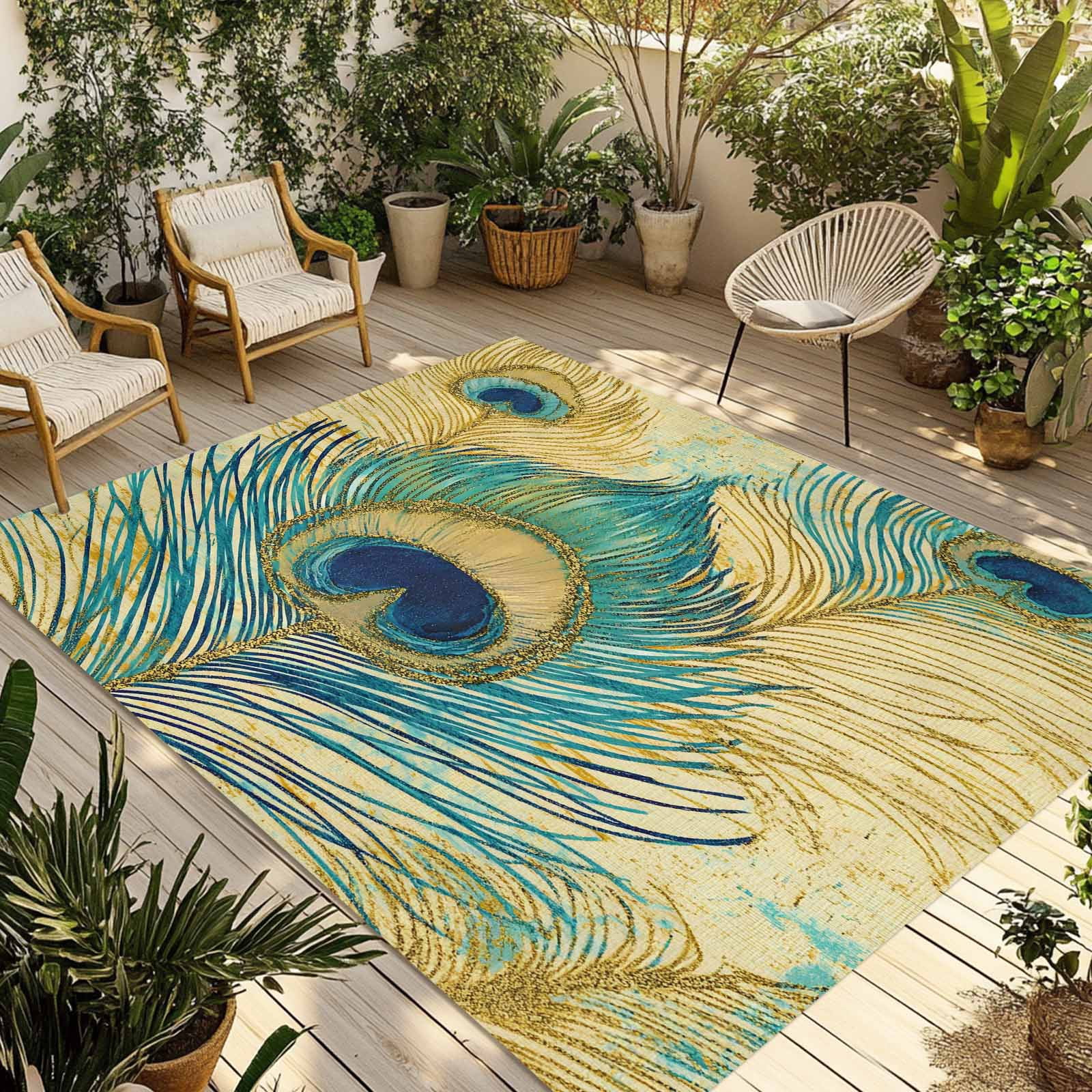 Fsddascl Retro Peacock Feathers Outdoor Rug for Patio/Deck/Porch, Non-Slip Large Area Rug 5 x 8 Ft, Vintage Abstract Art Watercolor Indoor Outdoor Rugs Washable Area Rugs, Camping Rug Carpet