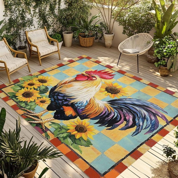 Fsddascl Retro Rooster Outdoor Rug for Patio/Deck/Porch, Non-Slip Large Area Rug 5 x 8 Ft, Sunflower Animals Farmhouse Plaid Indoor Outdoor Rugs Washable Area Rugs, Reversible Camping Rug Carpet