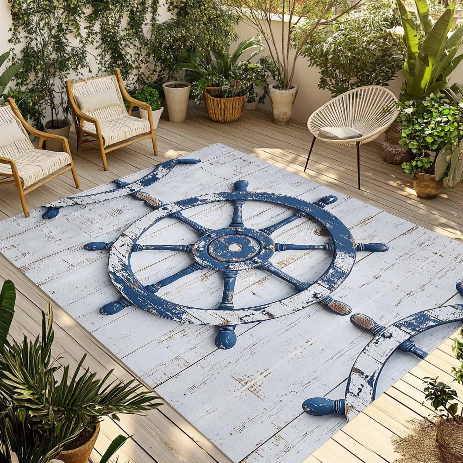 Fsddascl Retro Rudder Coastal Outdoor Rug for Patio/Deck/Porch, Non ...